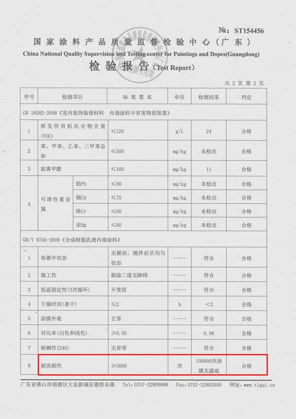 大荷墙面漆10万次耐擦洗检测报告 大荷墙面漆10万次耐擦洗检测报告