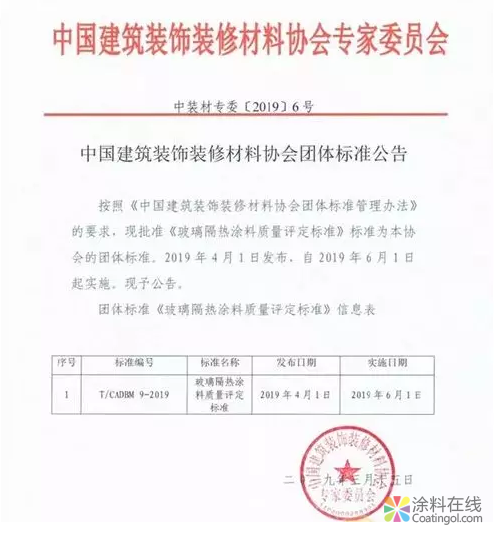 4月1日正式发布《玻璃隔热涂料质量评定标准》 中国涂料在线，coatingol.com