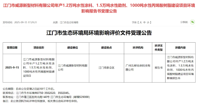 2.5亿落子江门！这个水性涂料项目环评受理，珠西新材料集聚区再添绿色动能！ 熊猫信息网